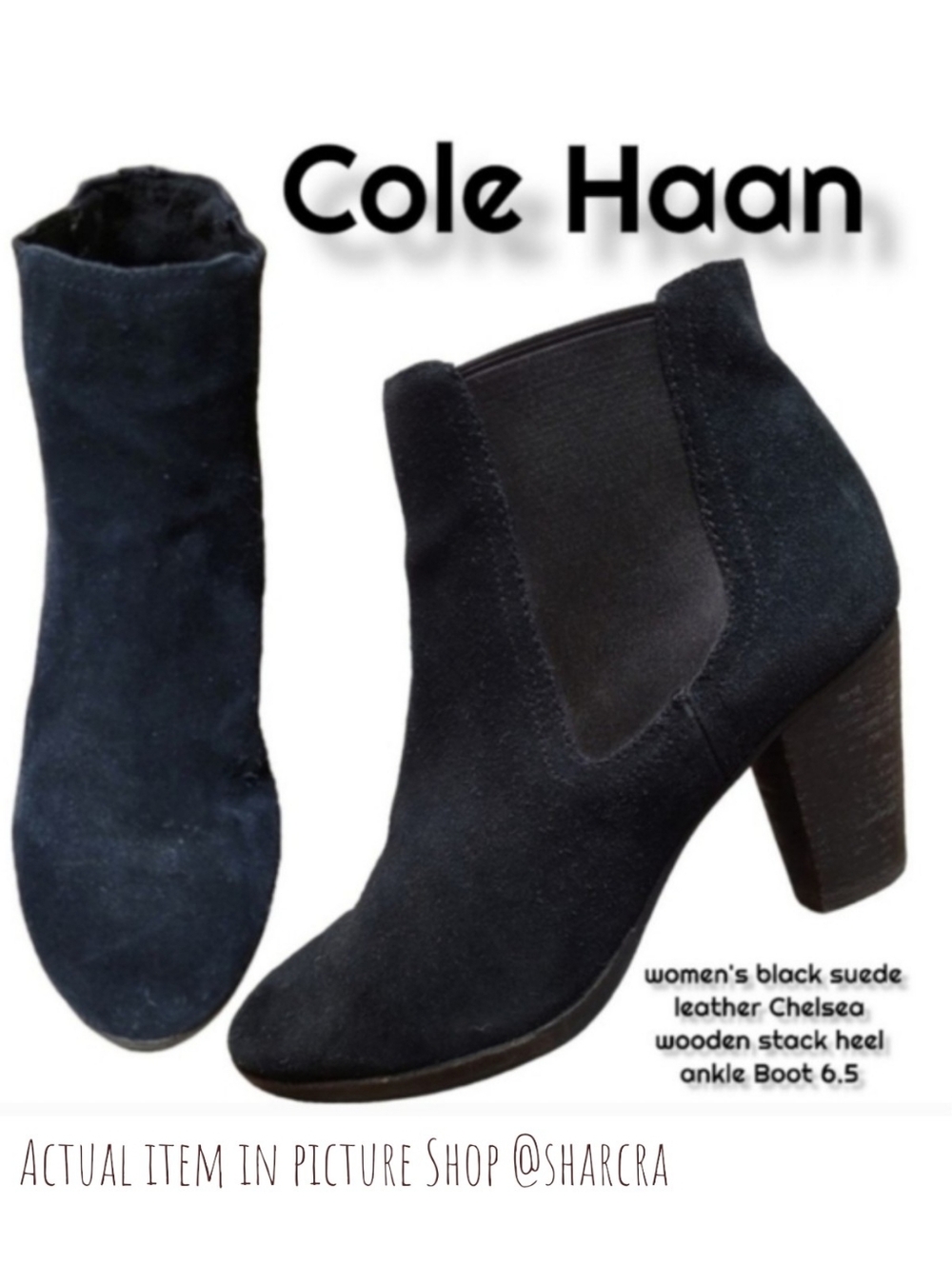 Cole Haan Women's Chelsea Boot Black suede stacked heeled Ankle Boots 6.5